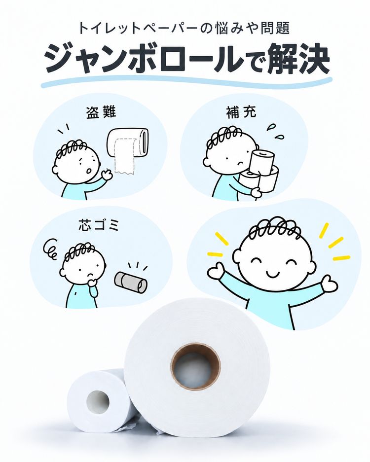 トイレットペーパーの悩みや問題 ジャンボロールで解決